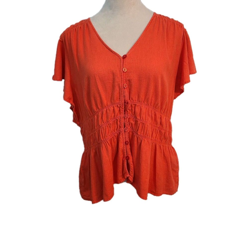 Marc NY Linen Blend Smocked Waist Peplum Top XL Flutter Sleeve Boho Romantic